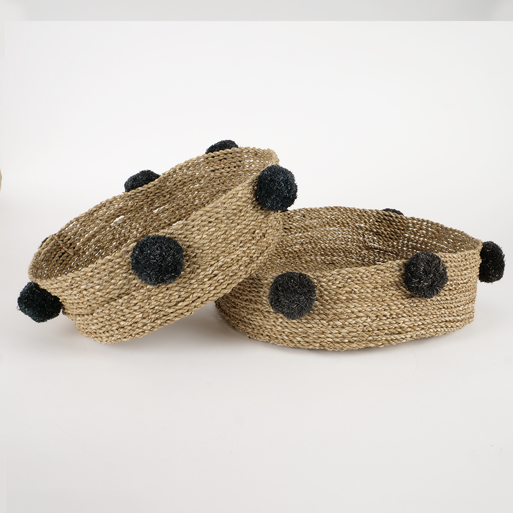 Lot de 2 paniers gigognes naturel avec pompons noirs