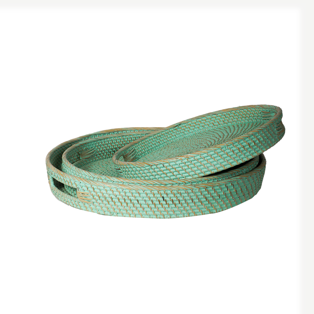 Plateau en rotin Turquoise/Blanc