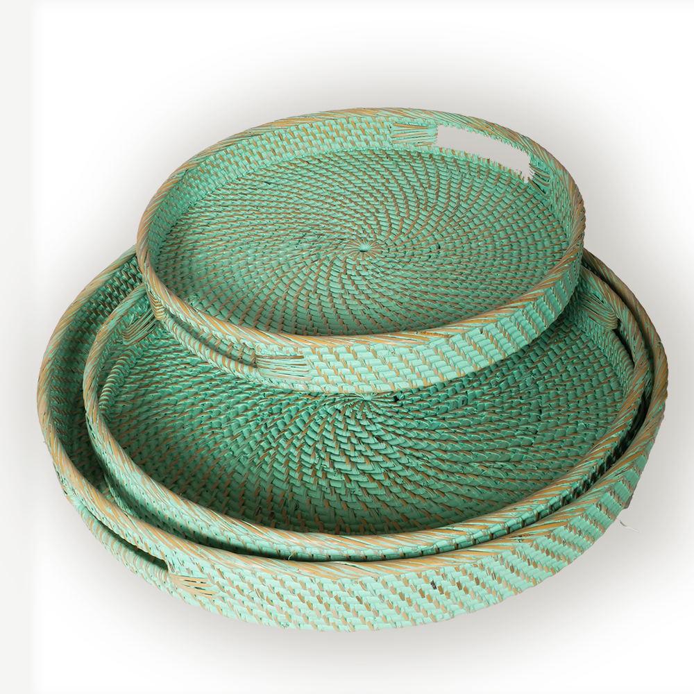 Plateau en rotin Turquoise/Blanc