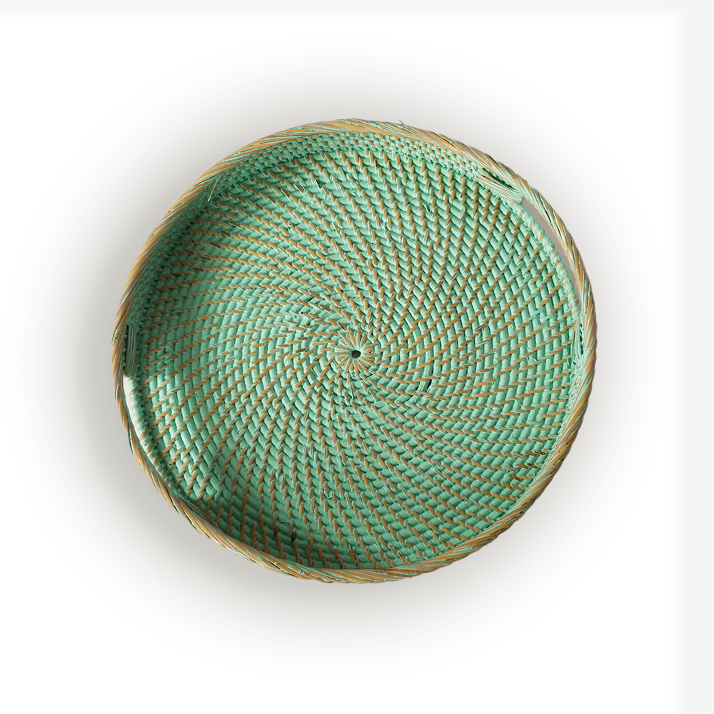 Plateau en rotin Turquoise/Blanc