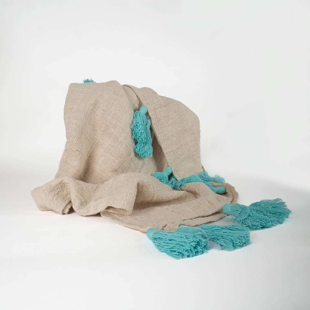 Plaid beige pompons bleu turquoise 120*200