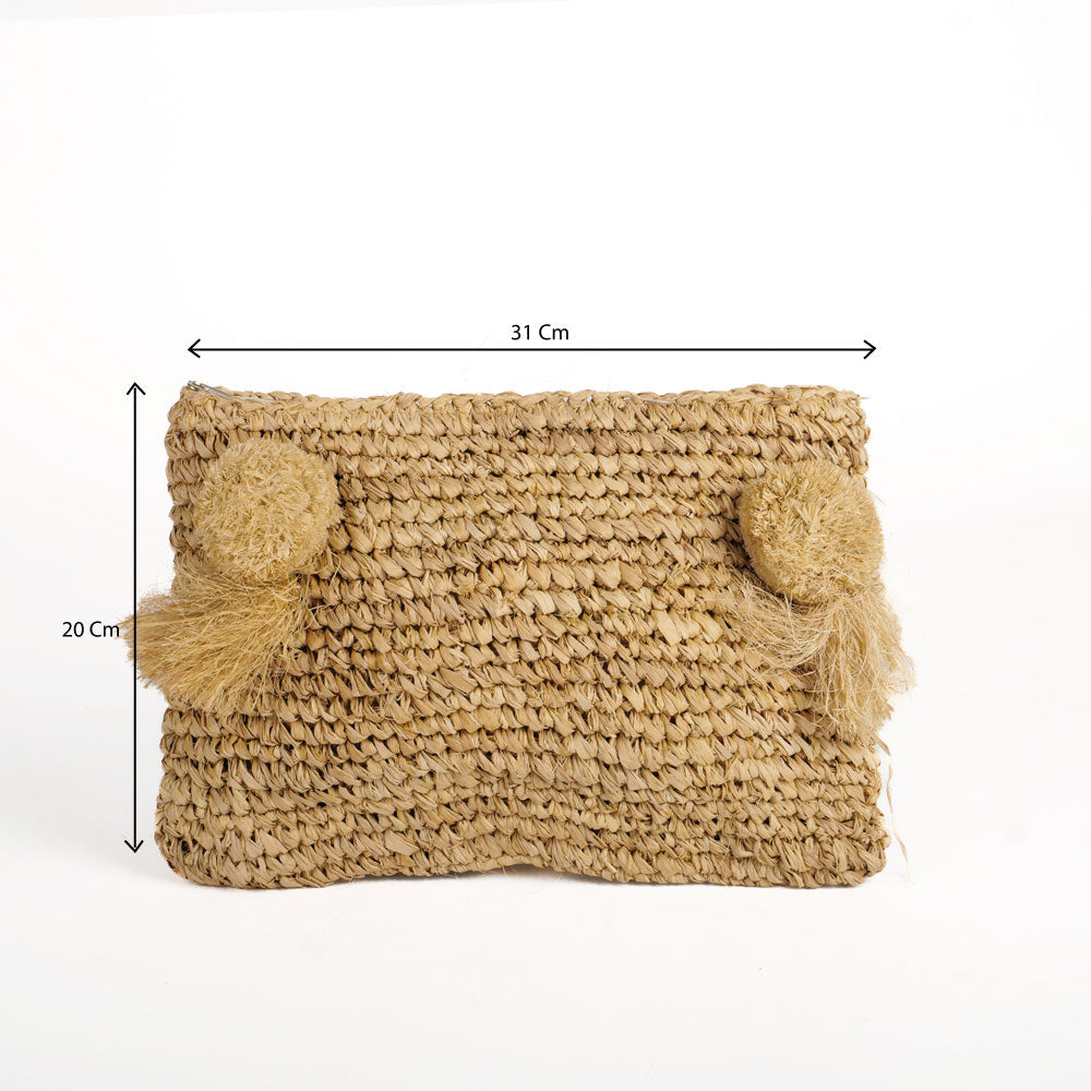 Pochette zippée en raphia nature, pompon naturel