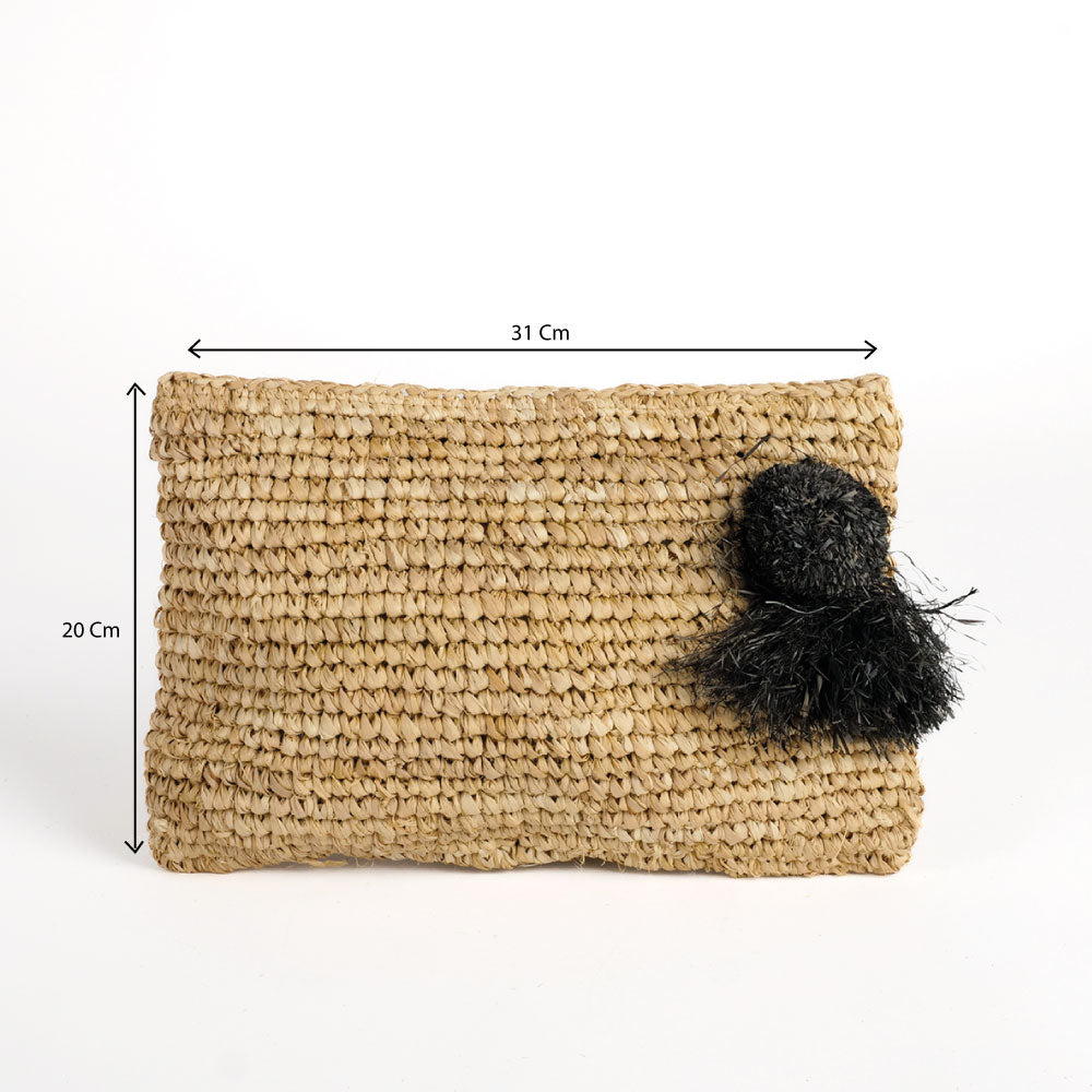 Pochette zippée en raphia nature, pompon noir