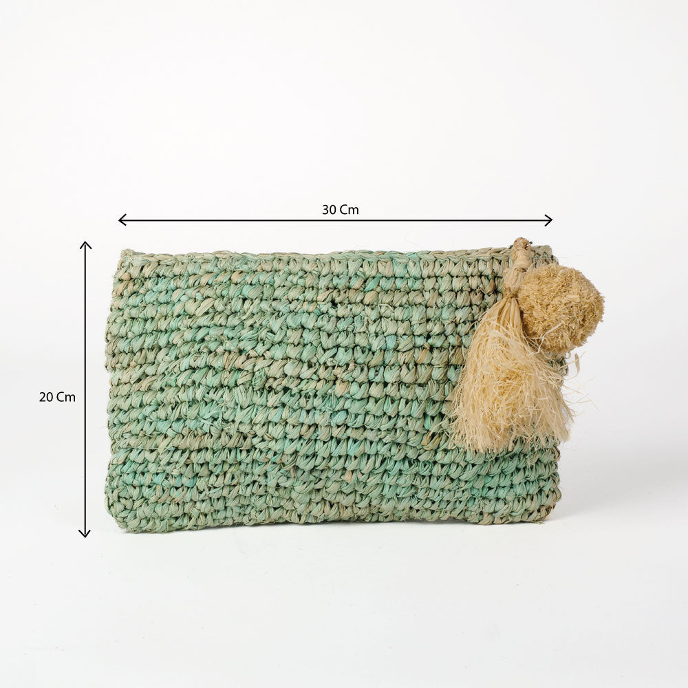 Pochette zippée en raphia vert d'eau pompon naturel