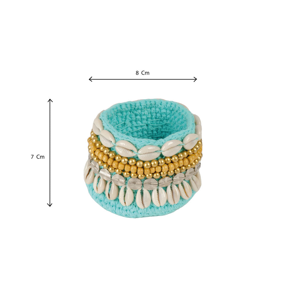 Panier décoratif turquoise, orné de coquillages