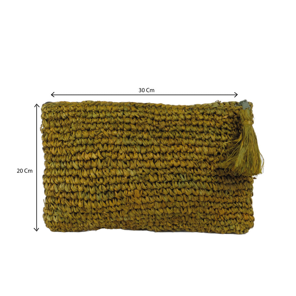 Pochette zippée en raphia vert