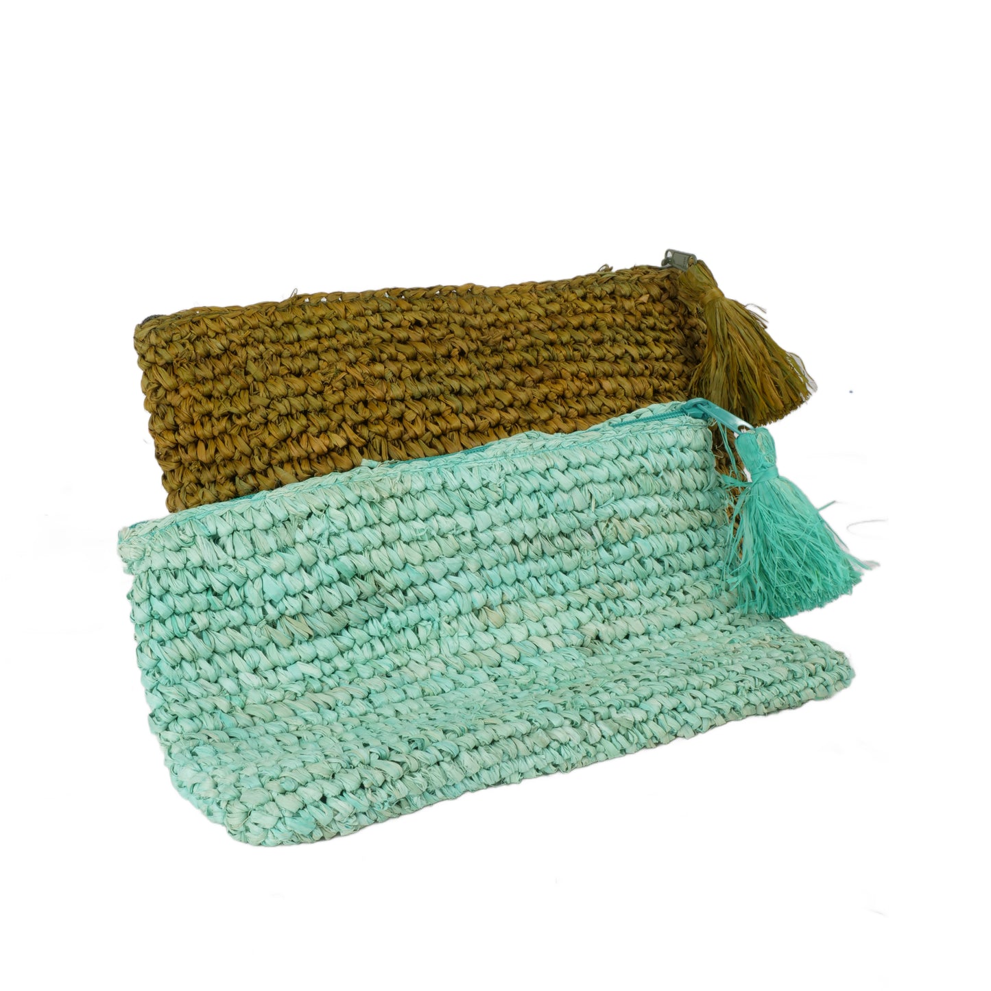 Pochette zippée en raphia vert