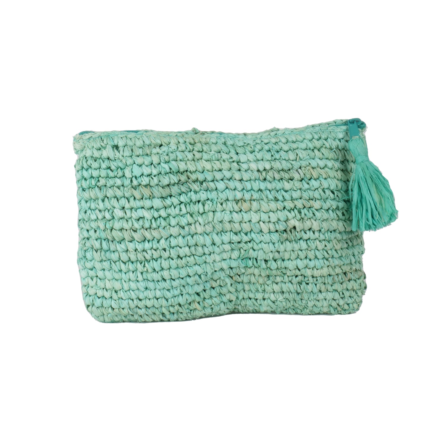 Pochette zippée en raphia et pompon turquoise