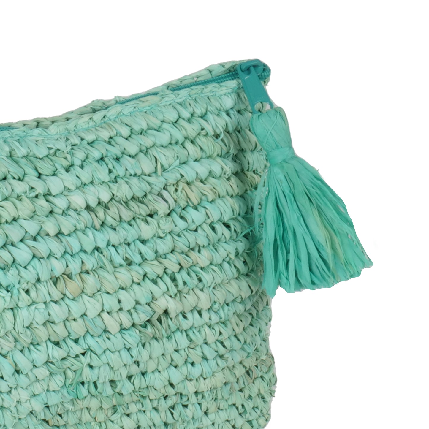 Pochette zippée en raphia et pompon turquoise