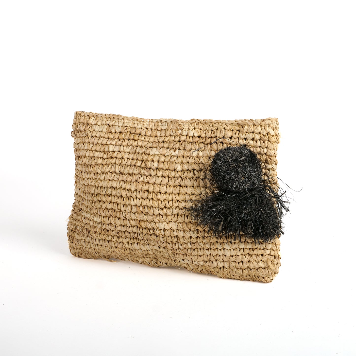 Pochette zippée en raphia nature, pompon noir