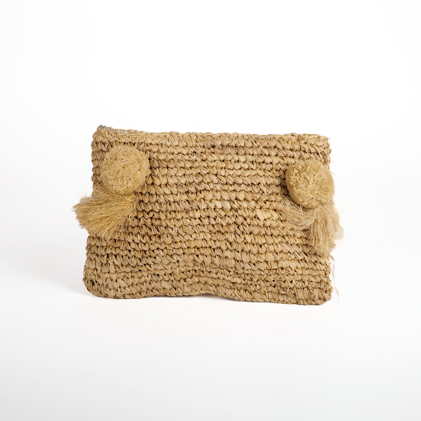 Pochette zippée en raphia nature, pompon naturel