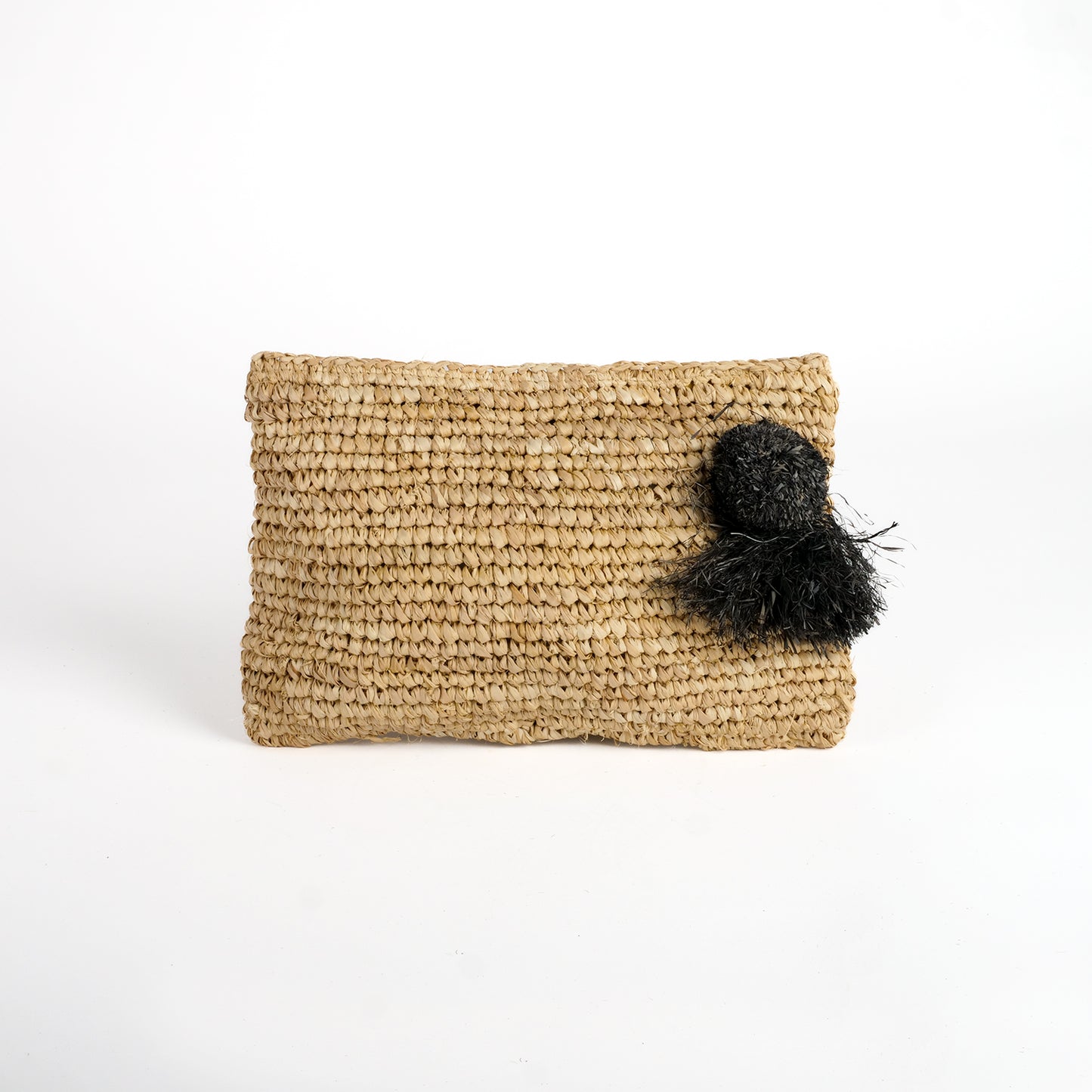 Pochette zippée en raphia nature, pompon noir