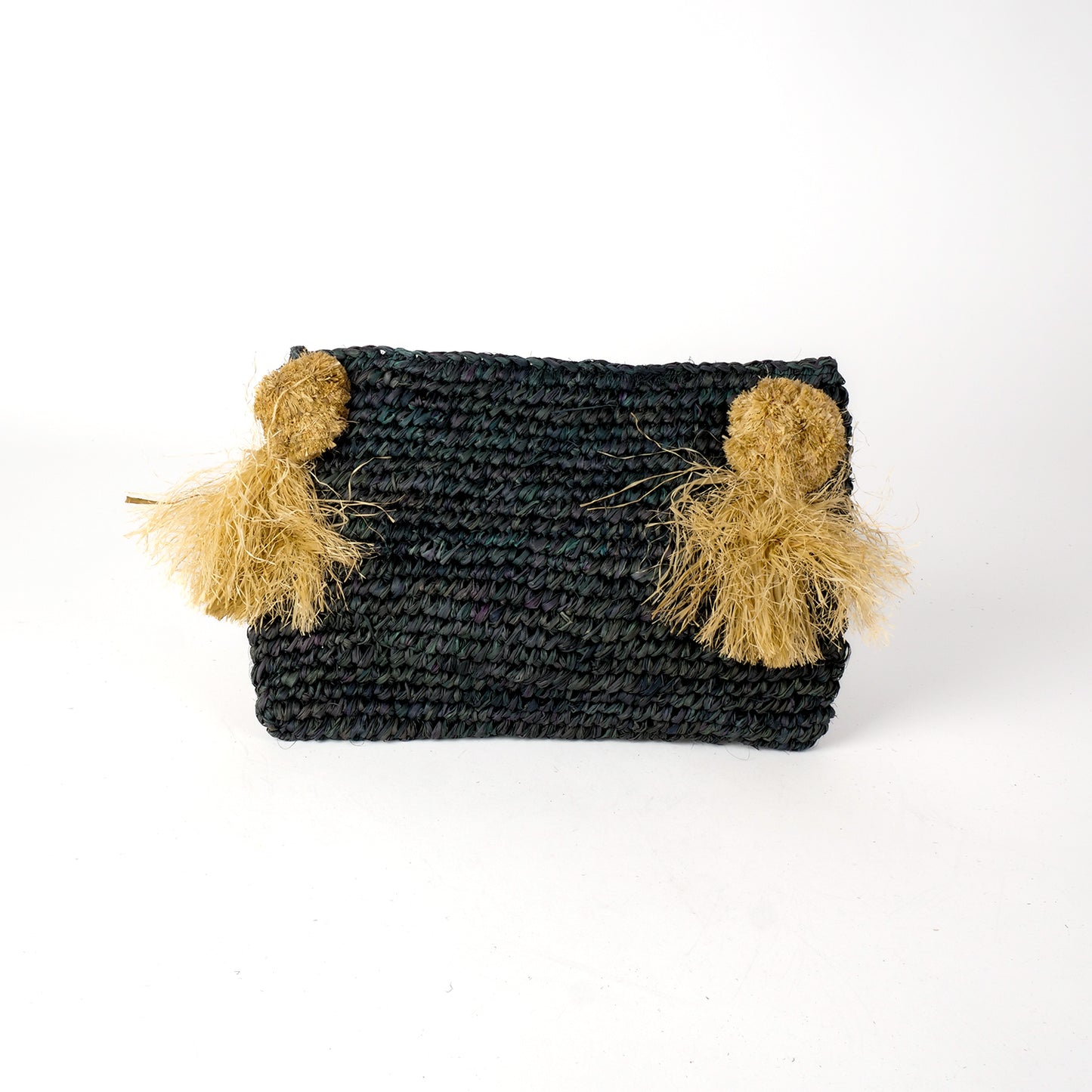 Pochette zippée en raphia noir, pompon naturel