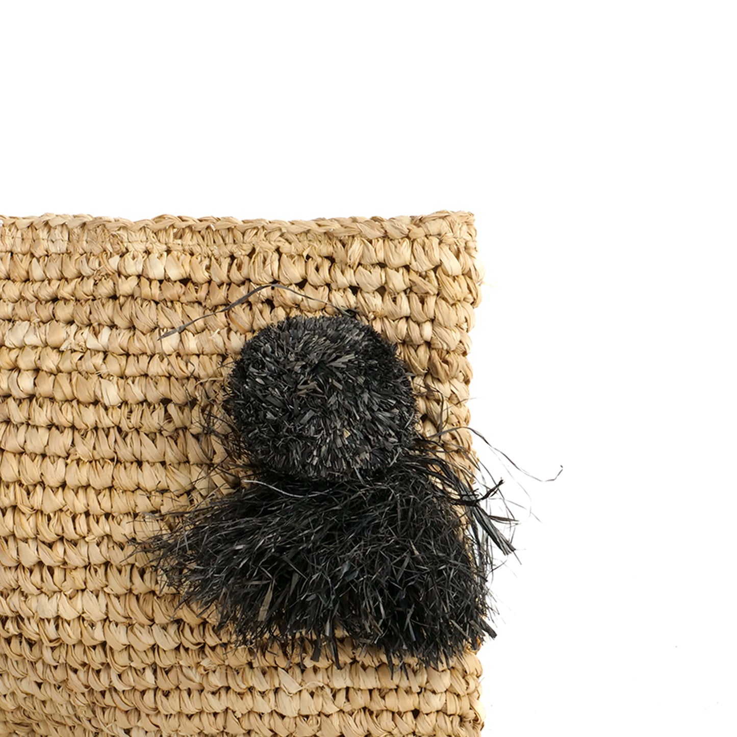 Pochette zippée en raphia nature, pompon noir