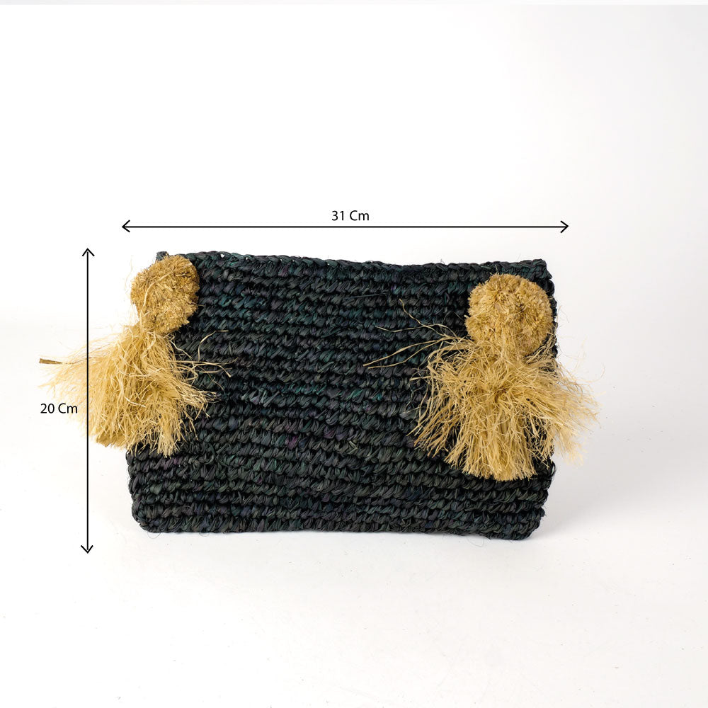Pochette zippée en raphia noir, pompon naturel
