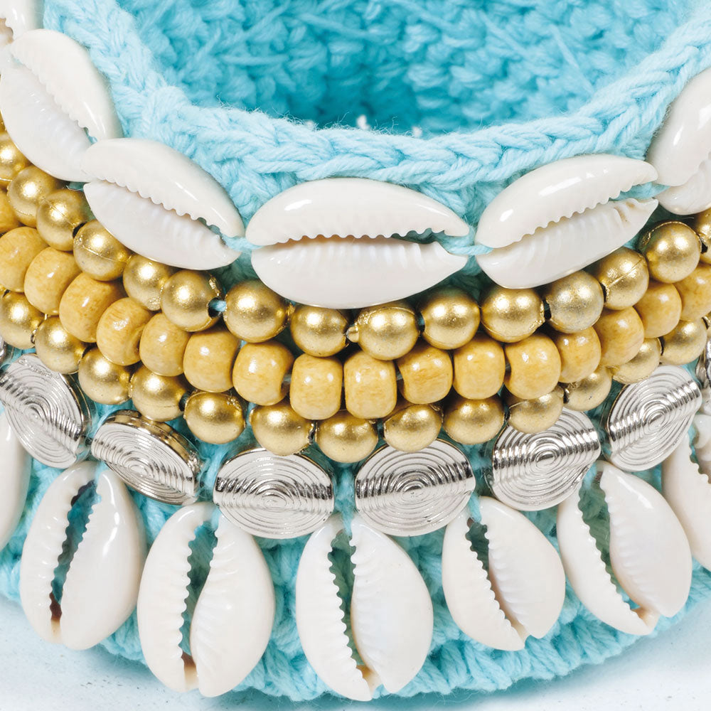 Panier décoratif turquoise, orné de coquillages