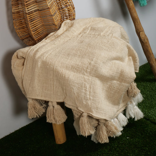 Plaid beige avec pompon beige 125*200