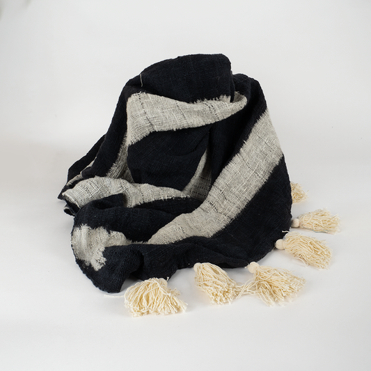 Plaid rayures noires et blanches avec pompons blanc 140*240