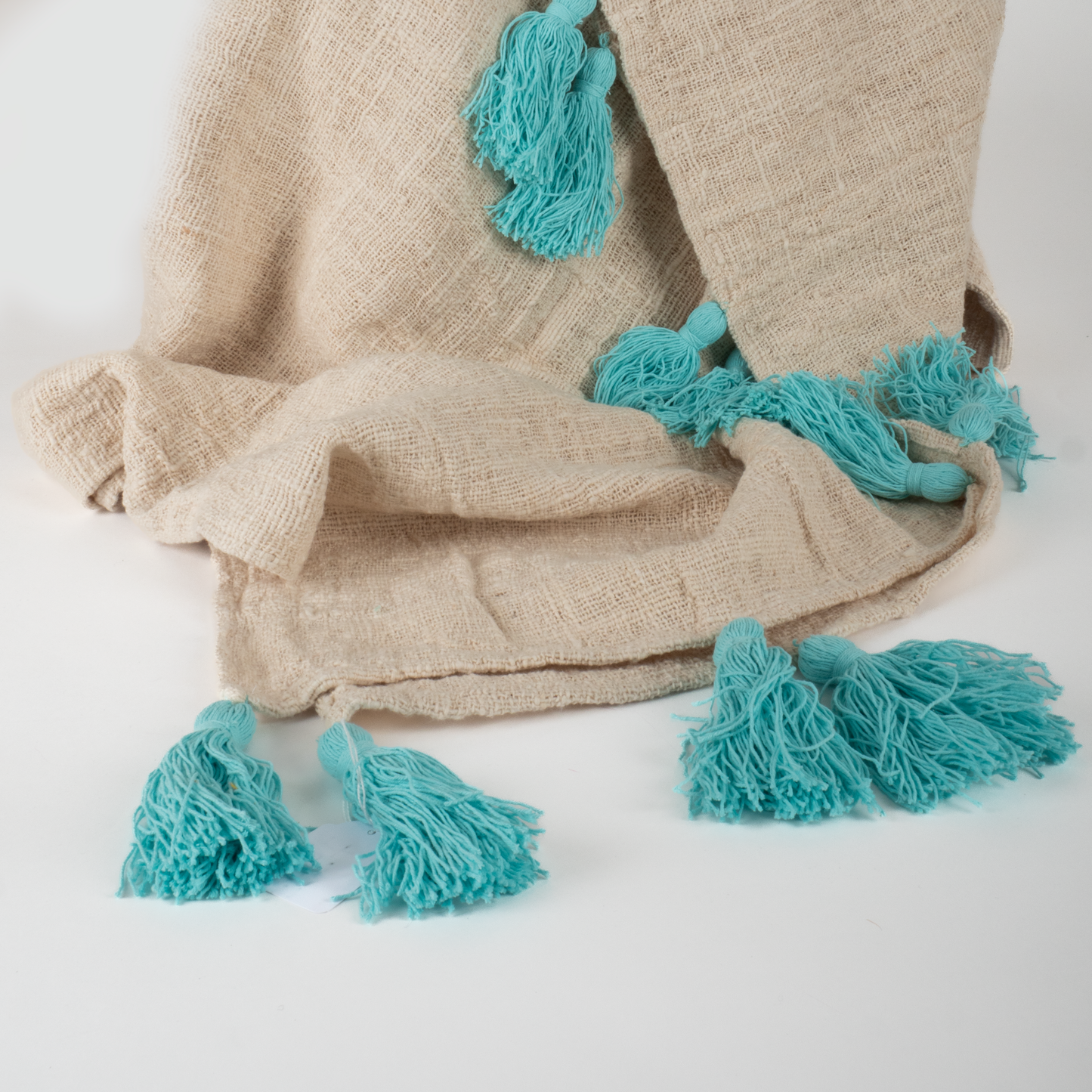Plaid beige pompons bleu turquoise 120*200