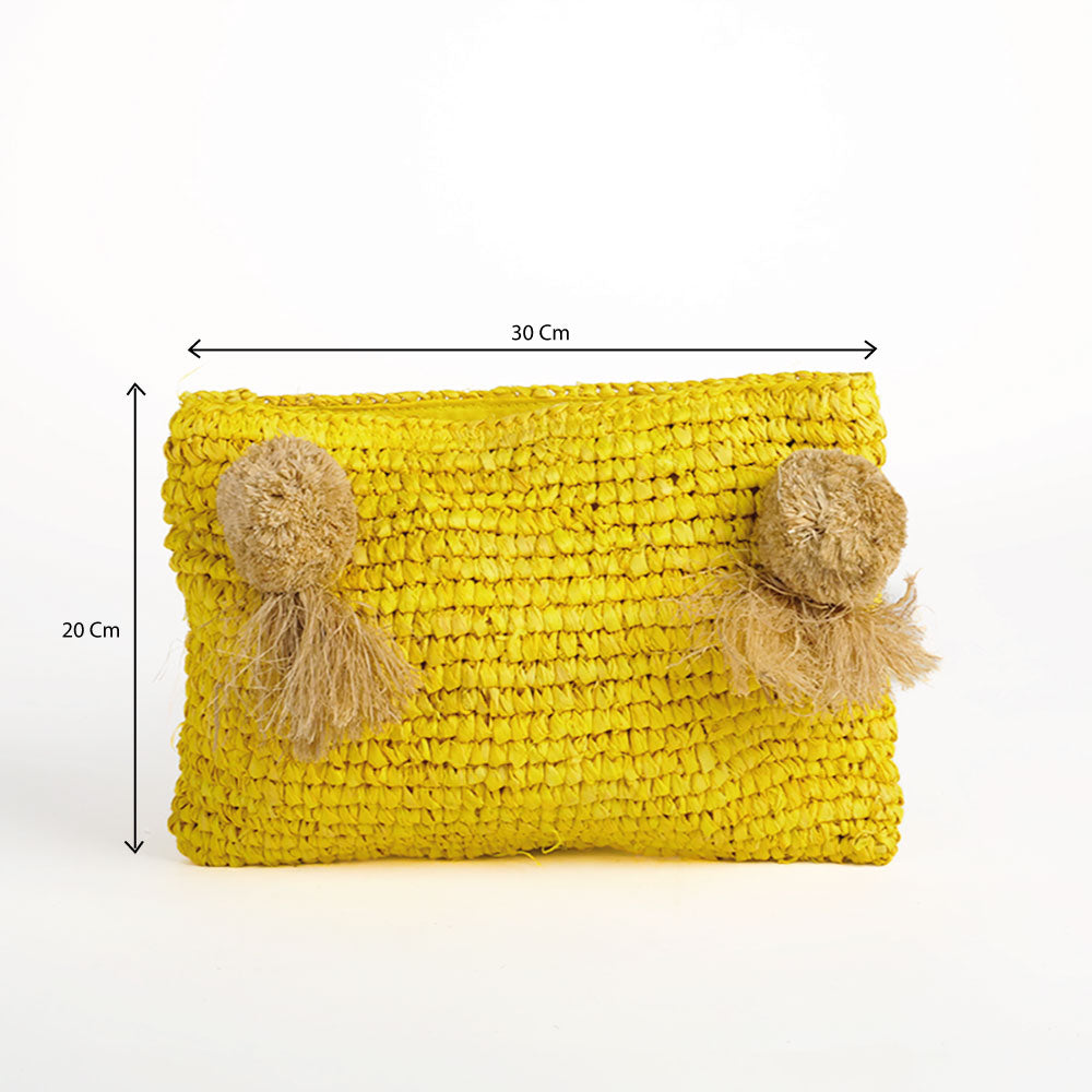 Pochette zippée en raphia jaune