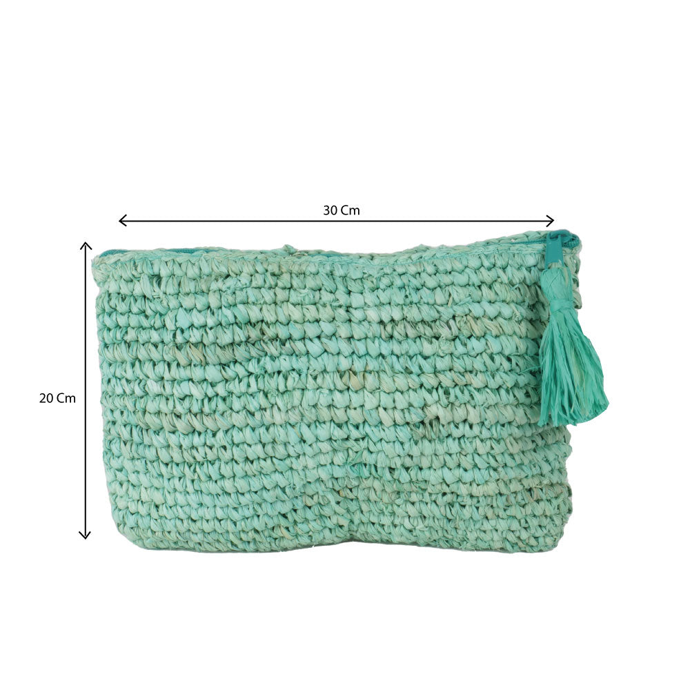 Pochette zippée en raphia et pompon turquoise