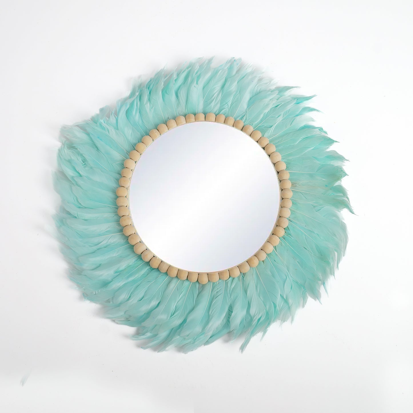 Miroir rond plumes bleues et perles bois