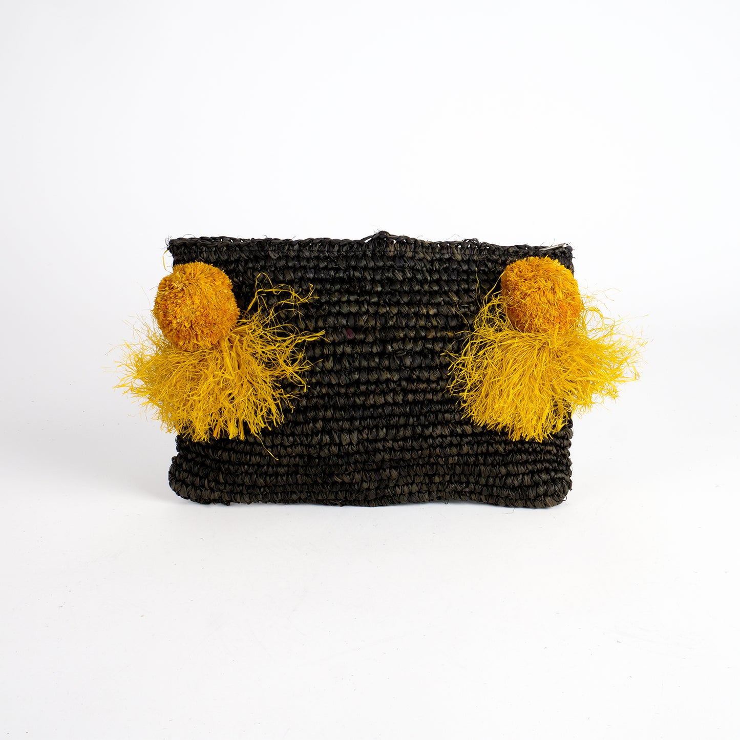 Pochette zippée en raphia noir, pompon jaune