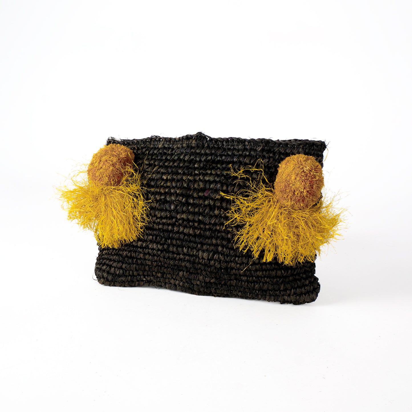 Pochette zippée en raphia noir, pompon jaune