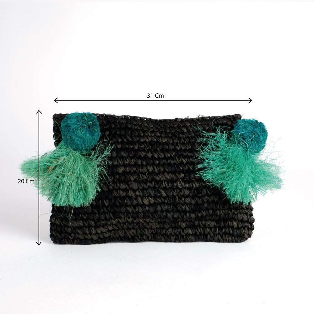 Pochette zippée en raphia noir, pompon bleu